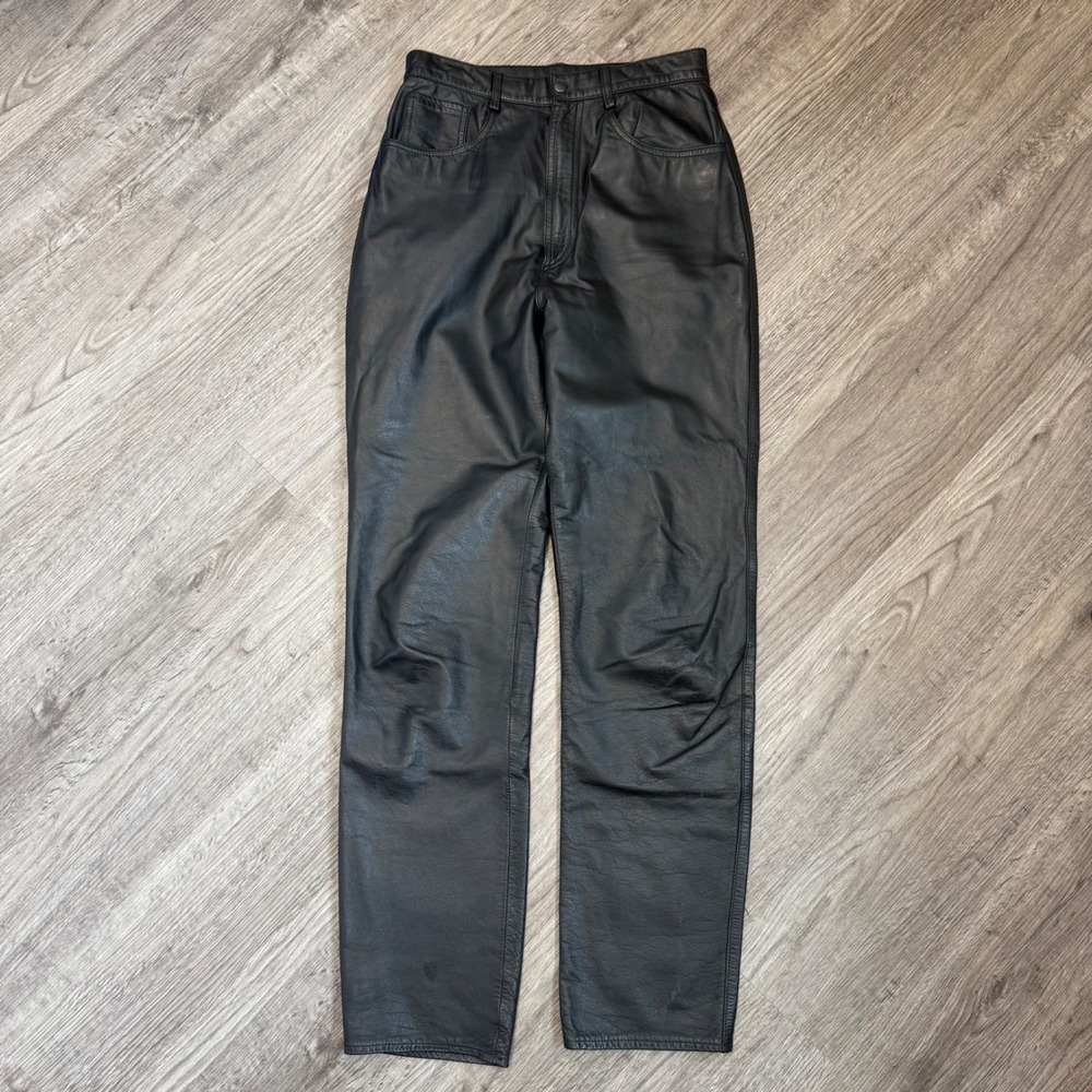 B.J. Kristen Vintage Black‎ Genuine Leather Pants High Waisted Straight Leg 13